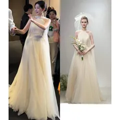 2026年冬新作 フレンチウェディングドレス エレガントなブライダルハンギングドレス アウトサイドテール付き