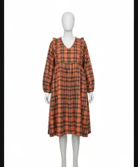 オレンジ CHECK ロング ONE PIECE バルーンスリーブ