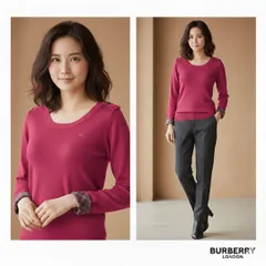 BURBERRY LONDON【38】長袖ニット 袖ノバチェック 赤 M 刺繍