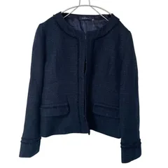 【美品】NEWYORKER ノーカラーツイードジャケット ネイビー 7AR【ZK78】