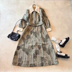 NO.3-151 vintage花柄ロングワンピース襟付き　ベルト　金具　長袖　グリーン　緑　古着