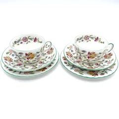 ミントン ハドンホール トリオ 2客セット カップ＆ソーサー プレート ケーキ皿 MINTON Haddon Hall 英国製 ボーンチャイナ 食器 ブランド 西洋陶磁器 グリーン 花柄 廃盤 人気 ティータイム アフタヌーンティー ペア 6点セット