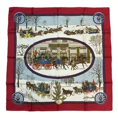 新品同様 HERMES エルメス スカーフ カレ90 LHIVER EN POSTE 冬の郵便馬車 シルク レッド