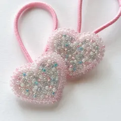 【キッズヘアゴム】ビーズ刺繍ハート 2つセット｜パステルピンク｜キラキラゆめかわ｜プレゼント・入園準備にも♡