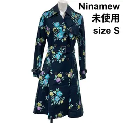 ◇ 未使用 ニーナミュウ Ninamew 花柄 トレンチコート ダブルブレスト エポレット ネイビー マルチカラー 綿 S 7号 レディース S6A396のサムネイル