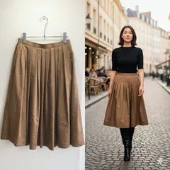 美品✨️ マルティニーク martinique ひざ丈 スカート フレア タック プリーツ Aライン ミモレ丈 きれいめ 上品 大人可愛い 大人 カジュアル オフィス カジュアル キャメル ブラウン 裏地 キュプラ 高級 上品 光沢 小さめ
