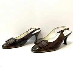 日本製◎【Yoshinoya GINZA Tokyo】銀座ヨシノヤ エナメル バックストラップ パンプス ローヒール 上品 上質 りぼん フォーマル 食事会 入学式 卒業式 ブラウン レディース 23.0cm/M41562UU