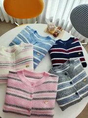 マイルド ボーダー柄 カーディガン (注文殺到、秋冬 ニットカーディガン、ワッペン、カジュアル、オーダー 多いです)