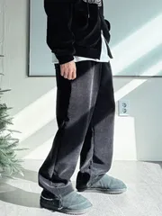 ブラック コーデュロイ シャーリング パンツ、冬 新作 セット可能 オーバーサイズ ワイド カーブ コーデュロイ