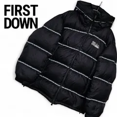 FIRST DOWN ファーストダウン ブラック ダウンジャケット フーディー ロゴテープ 442505C グースダウン90% ナイロン100% Lサイズ相当 メンズ 上質素材 防寒 ストリート エレガント カジュアル 希少デザイン 日本製生地 169KJ