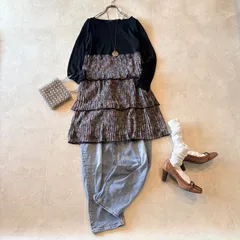 NO.3-153 長袖チュニックワンピース　黒　花柄　プリーツ　ティアード　小花柄　フラワー　ドッキング　Tシャツ