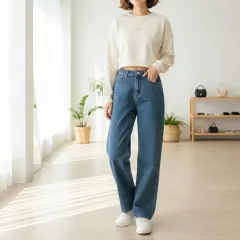 インディゴ ワイド デニムパンツ Lサイズ (ウエスト ヒドゥンバンディング)ㅡ総丈105