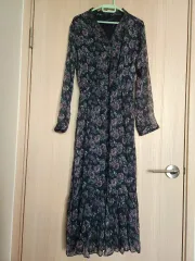 レディース ダークネイビー 花 シフォンワンピース ロング丈ワンピース