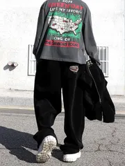 ブラック コーデュロイ シャーリングパンツ、冬 新作 セット可能 オーバーサイズ カーブ コーデュロイ