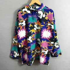 Tokyo Disneyland 東京ディズニーランド フリース プルオーバー ハイネック カラフル 総柄 ヴィンテージ 90S 古着 ミッキーマウス ネイビー系 L A711