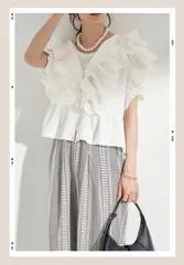 人気　プリーツ×フリルショートブラウス ブラウス　frene lumier