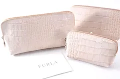 FURLA フルラ ポーチ Leather レザー 革 Pink Beige ピンクベージュ 無地 型押し パイソン 3Set 3点セット