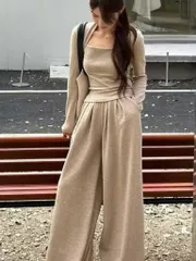 コーデュロイスクエアネックセットアップ（ボレロ風スクエアネックトップス、ワイドパンツセットアップ）