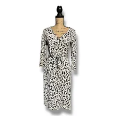 DIANE VON FURSTENBERG ダイアンフォンファステンバーグ シルクカシュクールワンピース ストレッチ 巻きドレス ラップドレス 総柄 半袖 レディース サイズ8 ブラック×ホワイト 春 ゴーゴー古着セントラルパーク店 23 No.溝K1325