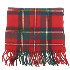 ポロ ラルフローレン POLO RALPH LAUREN 美品 マフラー ポニー刺繡 チェック柄 フリンジ 赤 レッド