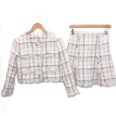 スナイデル SNIDEL 25SS 美品 ツイードセットアップ ツイードジャケット ツイードスカート ノーカラージャケット フレア ミニ丈 0 ピンク 白 ホワイト SWFJ251089