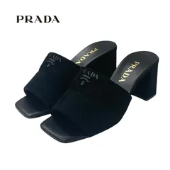 プラダ PRADA サンダル 靴 シューズ スエード レザー ブラック 黒 未使用 ロゴ ビロード ミュール