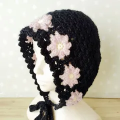 ボンネット　イヤーマフ　クロシェハット　耳当て付き　手編み　モチーフ編み　手編み　ニットフード　バラクラバ　ふわふわ