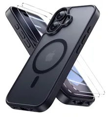 iPhone 16 用 ケース【強化フィルム2枚付き】Magsafe対応・米軍規格 いphone16 ケース 半透明 耐衝撃 指紋防止 滑り止め マグネット搭載 ワイヤレス充電 耐久性 全面保護 黄ばみなし あいほん16スマホケース 6.1インチ用，ブラック