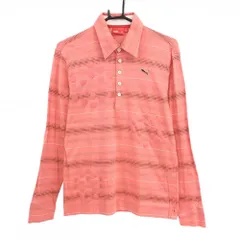 【美品】プーマ 長袖ポロシャツ サーモンピンク×ブラウン ドット柄 ボーダー  メンズ M ゴルフウェア PUMA