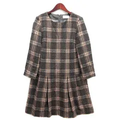 ボンメルスリー BON MERCERIE ウール シャギー チェック ワンピース 膝丈 バックリボン ボックスプリーツ グレー 38