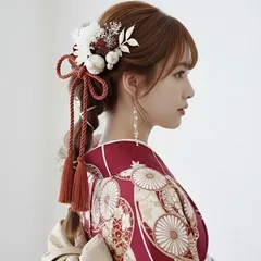 和紐 赤 和装 着物 髪飾り ㊺ 成人式 卒業式 ブライダル 前撮り ヘアアクセサリー ヘアピン ゴールド