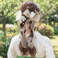 選べるリボン フラワー ヘアアクセサリー ㊱ 髪飾り オーガンジーリボン ベロアリボン 胡蝶蘭 カスミソウ 結婚式