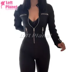 キャットスーツ 7ジッパー ジャンプスーツ ストレッチ 全身スーツ ゼンタイ ボンテージ セクシーコスチューム レディース 黒 AE260126