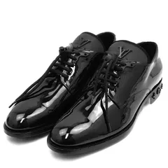 【美品】LOUIS VUITTON ルイ・ヴィトン ドレスシューズ エナメルレザー 2019年製 LV ロゴ モノグラムフラワー ダービー 外羽根式 プレーントゥ レースアップ MT1119 革靴 メンズ サイズ 7h ブラック 黒 イタリア製