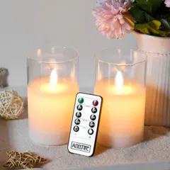 【在庫セール】LEDキャンドル LEDロウソク 明るさ調整 専用リモコン付き 電池式 省エネ 安全 ガラス ゆらゆら揺れる 火を使わない 暖色光 （直径7.5cm×高さ10cm） 本物の炎のようにゆらめく ロウソク (ホワイト) LEDキャンドルライト 【2点
