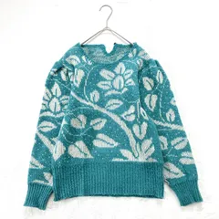 ニット　長袖　総柄ジャガード アンゴラ混　クルーネック ターコイズブルー