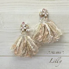 No.485 パール　フラワー　ベージュ　タッセル　ピアス/イヤリング