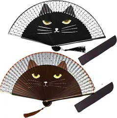 IMPACTオンライン 扇子 猫 グッズ レディース シルク センス 黒猫 おもしろ 雑貨 頑丈 ２本 (黒猫xこげ茶猫)