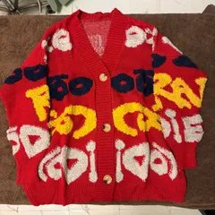 赤 ニットカーディガン 総柄 ロゴデザイン オーバーサイズ ゆったり メンズ レディース ユニセックス 古着風 個性派