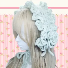 ハンドメイド　ヘッドドレス　イヤーマフ　パステル　グリーン　緑　バラ　リボン　フリル　編み物　ロリ－タ　姫系