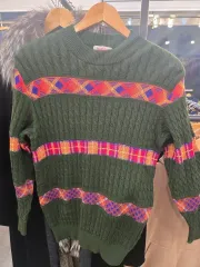 日本 ヴィンテージ ウール 100% アーガイル ケーブル編み ニット グリーン