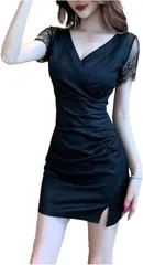 emu's mimi(エムズ ミミ) ワンピース レディース セクシー 半袖 エレガント レーススリーブ スリットディテール キャバ嬢 ドレス ボディコン ミニ (ブラック,  M)