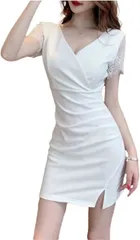 emu's mimi(エムズ ミミ) ワンピース レディース セクシー 半袖 エレガント レーススリーブ スリットディテール キャバ嬢 ドレス ボディコン ミニ (ホワイト,  2XL)