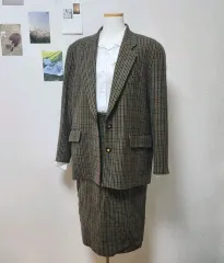 セット 日本 ヴィンテージ カーキ CHECK ウール アウター ジャケット コート スカート レディース