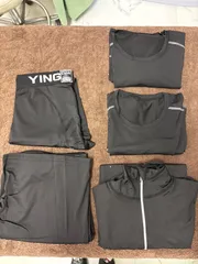 YING メンズ スポーツウェア 5点セット トレーニングウェア ランニング ジム 上下セット インナー パンツ 長袖 ブラック　Sサイズ