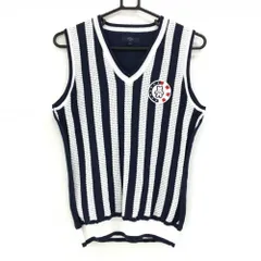 ★SALE価格★【超美品】キャロウェイ ニットベスト ネイビー×白 前面ストライプ透かし編み ベアワッペン Vネック レディース L ゴルフウェア Callaway