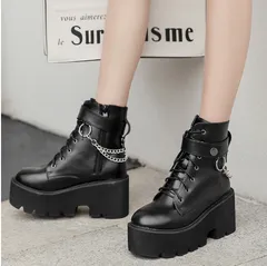 ＜在庫処分＞レディース ショートブーツ パンク風  厚底 金属チェーン 丸トゥ　ブラック25.0cm / 足幅9.0～9.5cm  in1