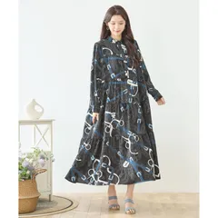 ☆SALE★現品限り★【TRUBE】NEW 幾何学 グラフィック ロングワンピース M〜L (N83-267) レディース 婦人服 マキシ丈 バンドカラー モダン 上品 大人可愛い きれいめ カジュアル 春 秋 冬 20代 30代 40代 50代 60代