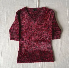 90s　vintage　ヴィンテージ古着　レッド　マルチカラー　グラデーション　ファー　Vネック　半袖シャギーニット　セーター　フリーサイズ　一点物　フェアリーグランジ　Y2K　サブカル　short sleeve multi color shaggy knit