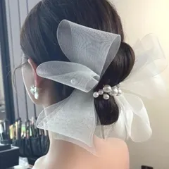 ヘアアクセサリー リボン 女性用 パール おしゃれ かわいい インポート 韓国 髪飾り 長いリボン ヘアアクセサリー 美しい チュール リボン 